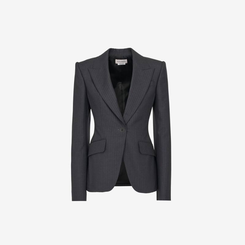 Alexander McQueen Women's Grey & Silver Pinstripe Single-breasted Jacket - 14 (Wool)
